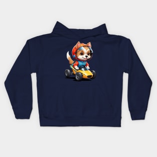 Cartoon Dog Driving a Race Car Kids Hoodie